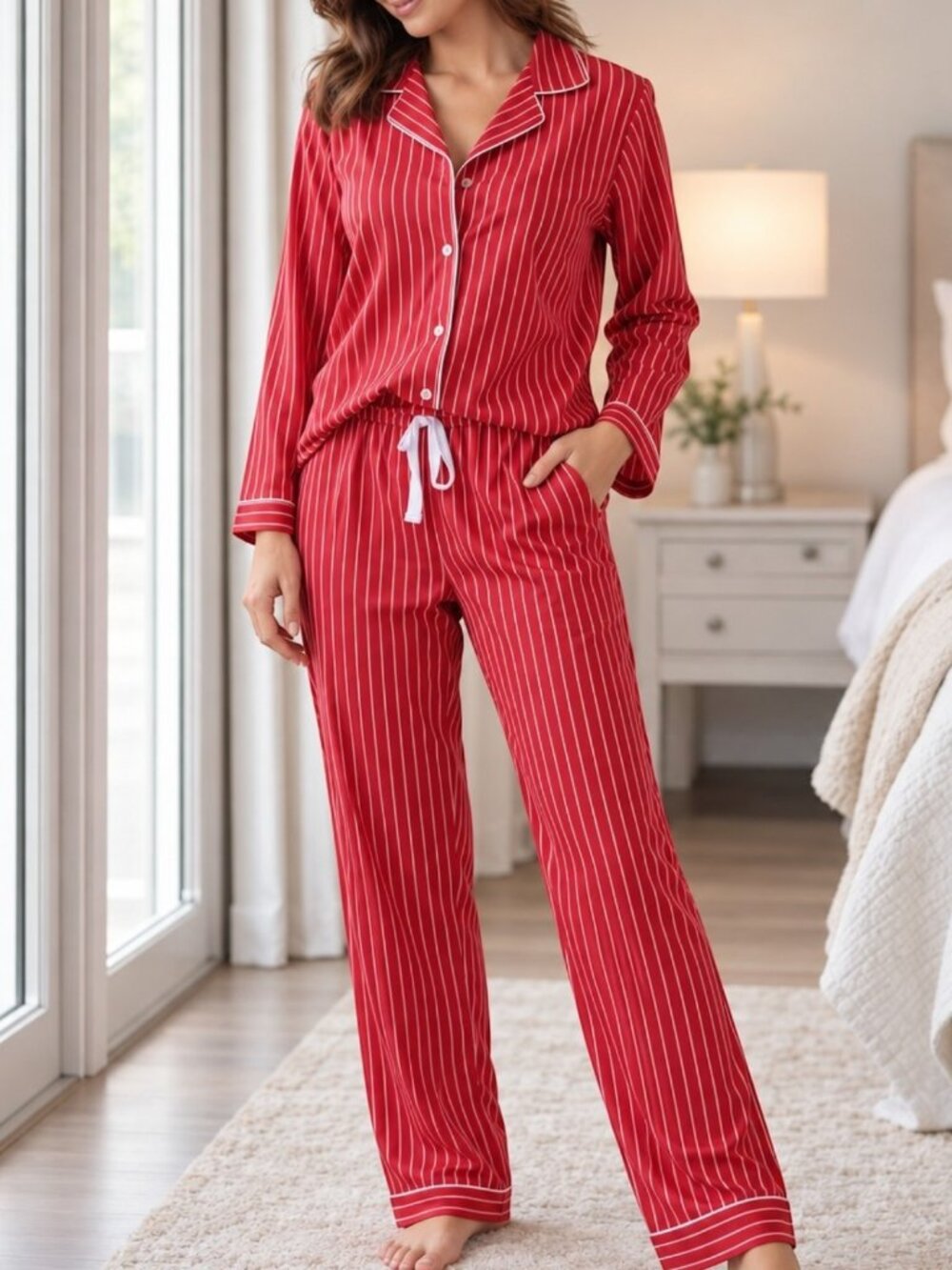 Angelina Red Stripe Pajama Set 2-PC Cotton Flannel Shirt & Pants Loungewear